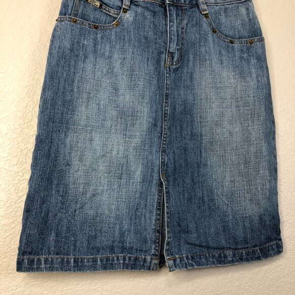 B Jeans Vtg Midi Denim Skirt Women's 4 Cowgirl Western Rodeo Rivets 100% Cotton - Picture 3 of 12